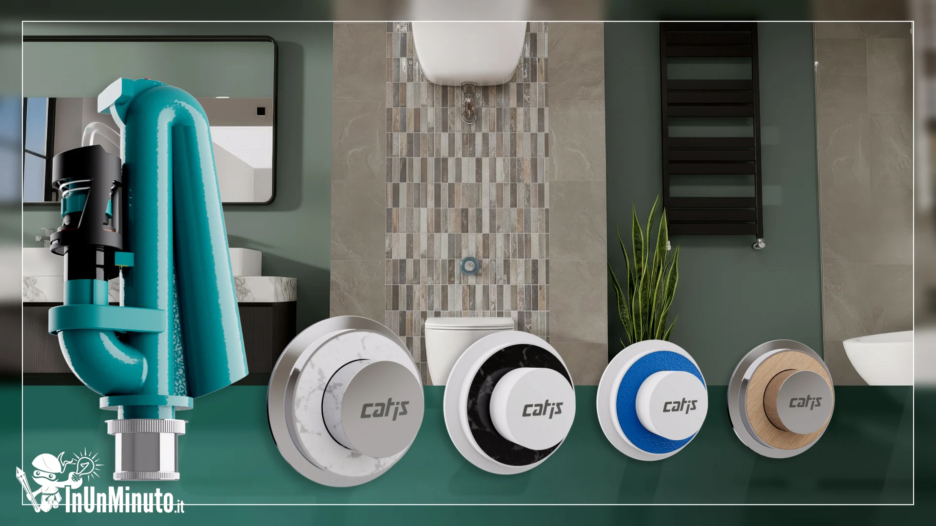 rendering fotorealistico 3D di un sifone per bagno e pulsante di design